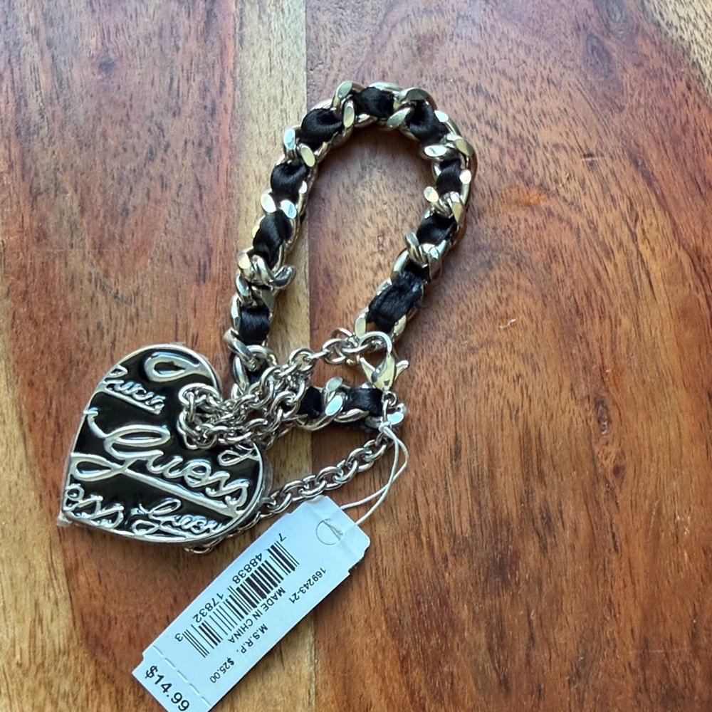 GUESS Gold-Tone Heart Logo Chain Bracelet with Black Weave